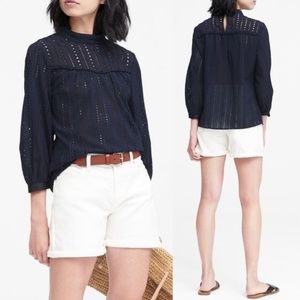 *NWT* Banana Republic Navy Mock Neck Eyelet Lace Blouse